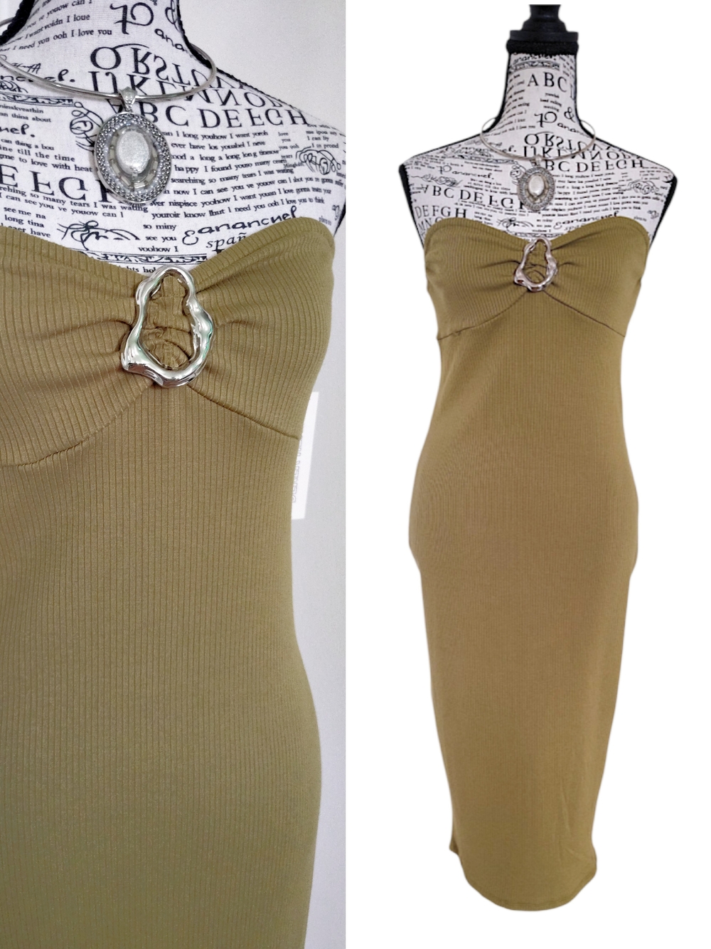 Derek Heart Olive Green Strapless Midi Bodycon Dress Large NWT w/ Hardware